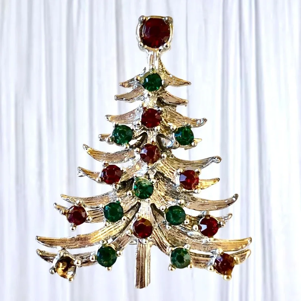 MYLU Vintage Christmas Tree Pin Brooch SilverTone Red & Green Rhinestones